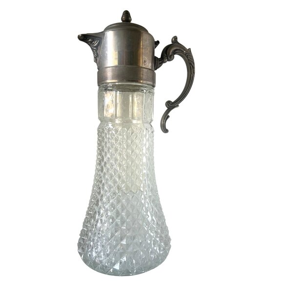 Victorian Silverplate Diamond Pressed Glass Claret Jug Decanter with Ice Chille - Picture 1 of 12